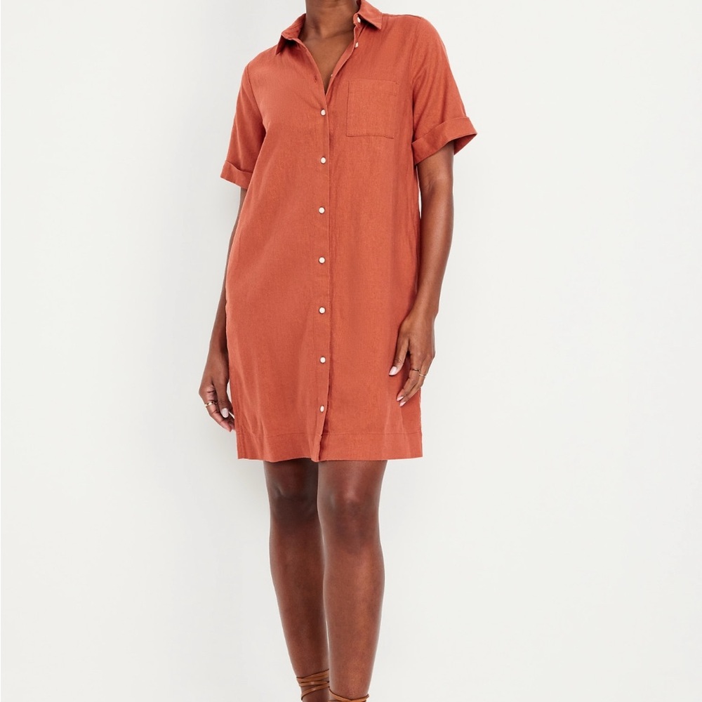 Linen-Blend Shirt Dress - Rust - Size M